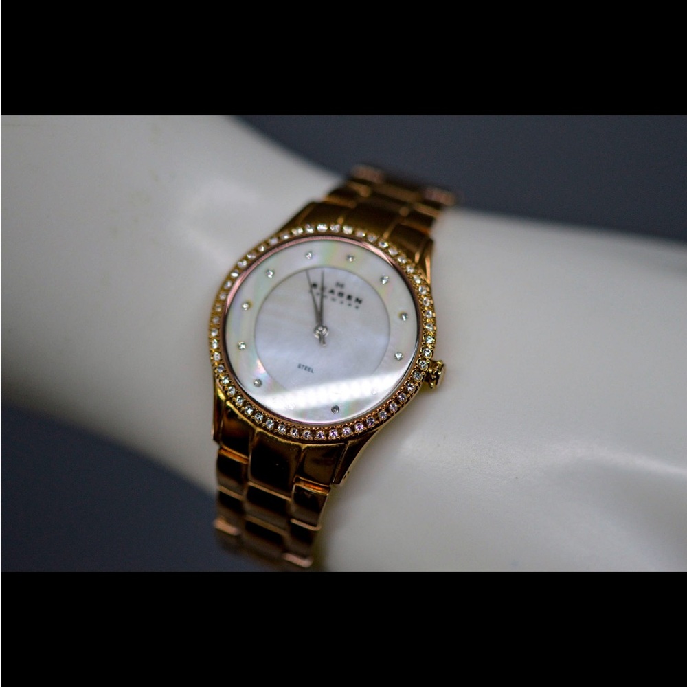 Skagen Denmark, gold tone with crystals, mop dial, womens wrist watch